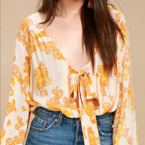 Free People - Forties Feels Yellow Floral Print Tie-Front Bodysuit, Size Small - Picture 3 of 9